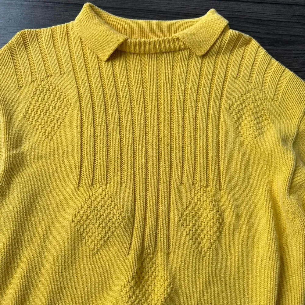 Vintage 80s Yellow Stephen Kean polo knit sweater Size Medium 100% Cotton